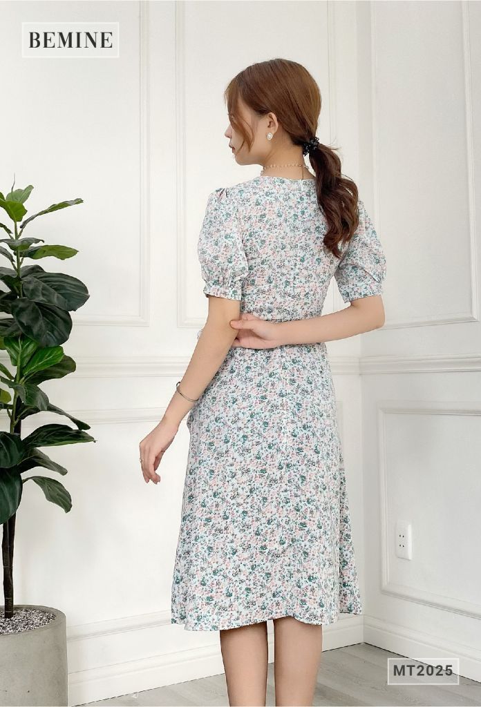 MT2025XANH - Đầm cổ chéo cột eo