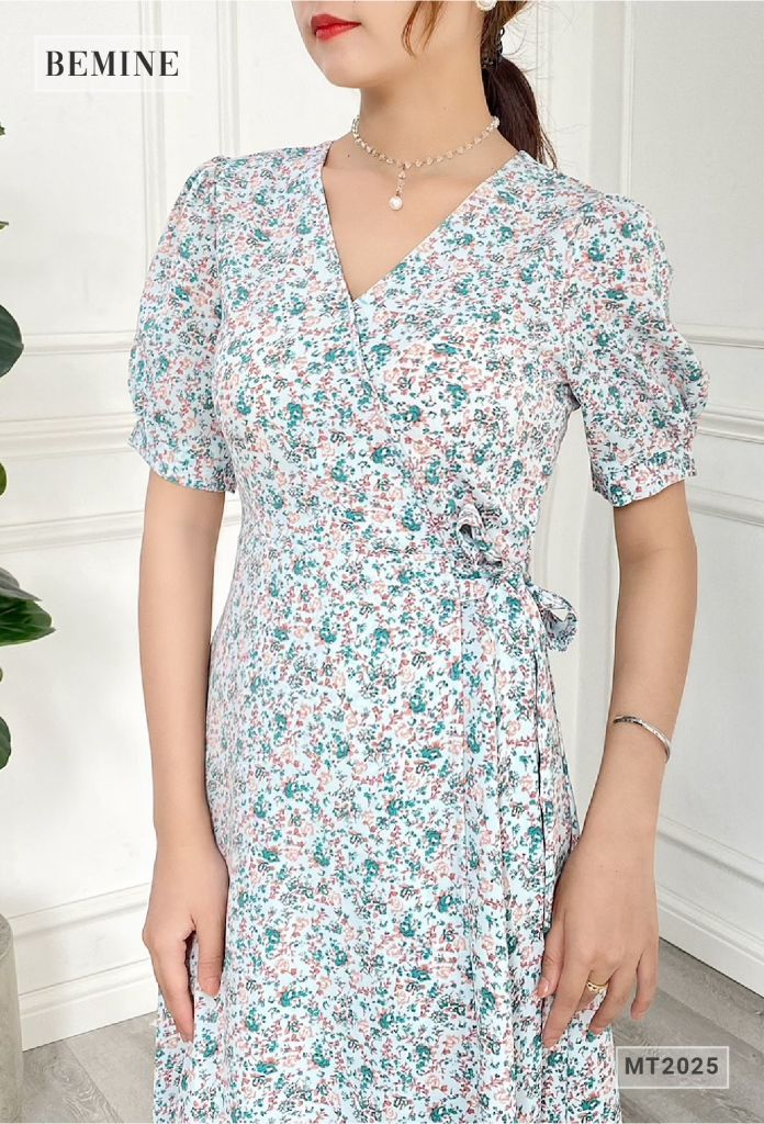 MT2025XANH - Đầm cổ chéo cột eo