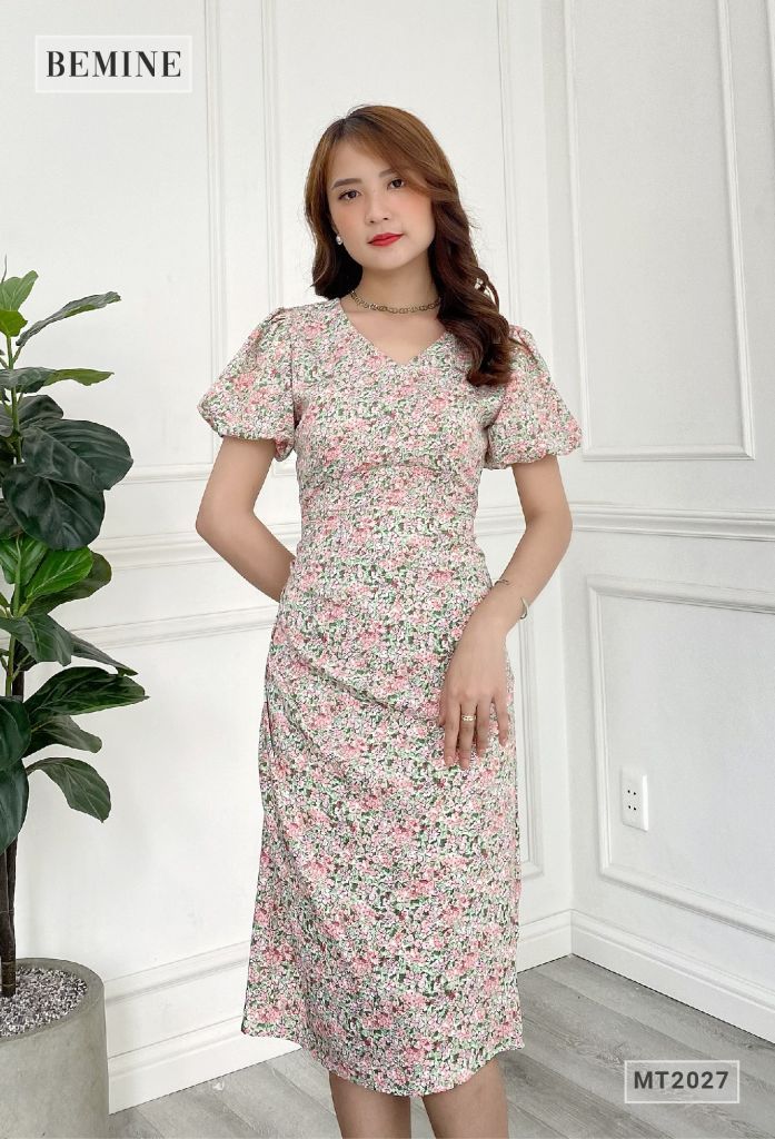 MT2027DO - Đầm cổ tim tay bồng ly sườn
