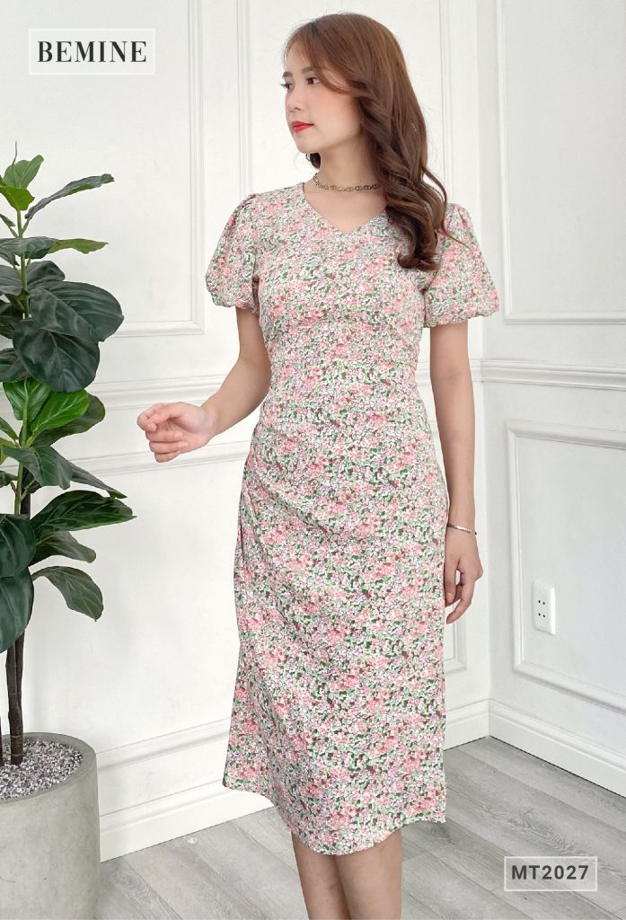 MT2027DO - Đầm cổ tim tay bồng ly sườn