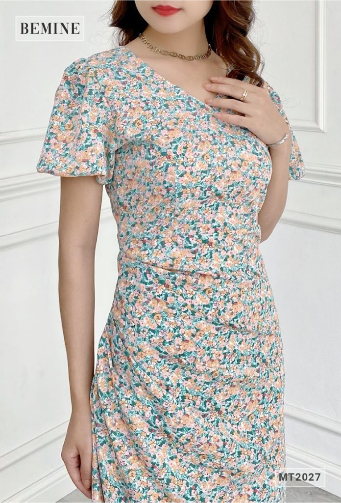 MT2027XANH - Đầm cổ tim tay bồng ly sườn