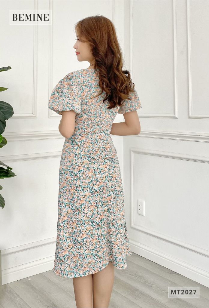 MT2027XANH - Đầm cổ tim tay bồng ly sườn
