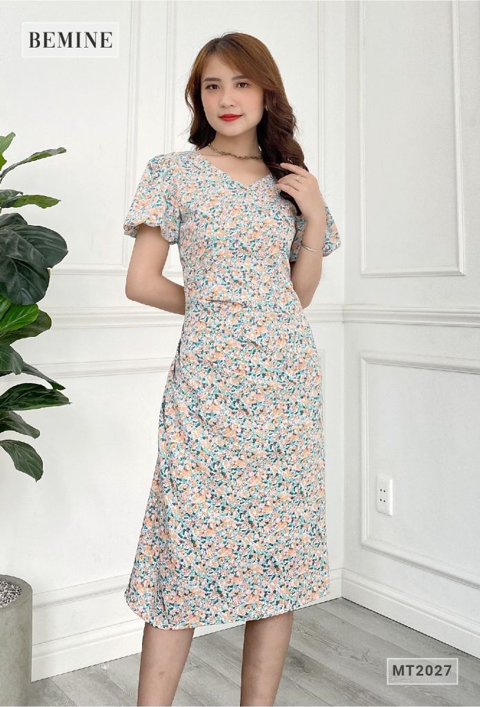 MT2027XANH - Đầm cổ tim tay bồng ly sườn