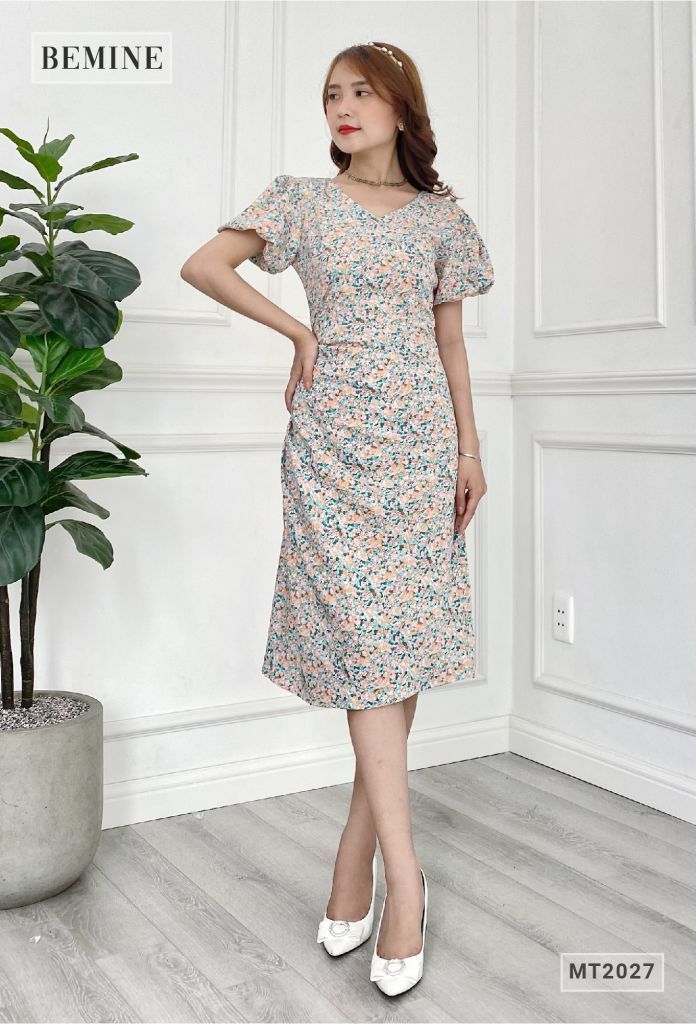 MT2027XANH - Đầm cổ tim tay bồng ly sườn