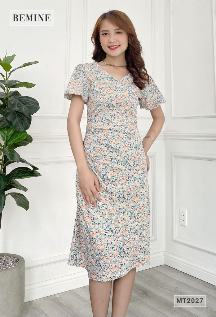 MT2027XANH - Đầm cổ tim tay bồng ly sườn