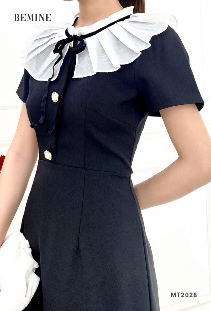 MT2028ĐEN - Đầm phối cổ bèo có dây cột