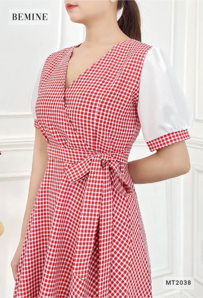 MT2038DO - Đầm caro phối tay trắng cột eo