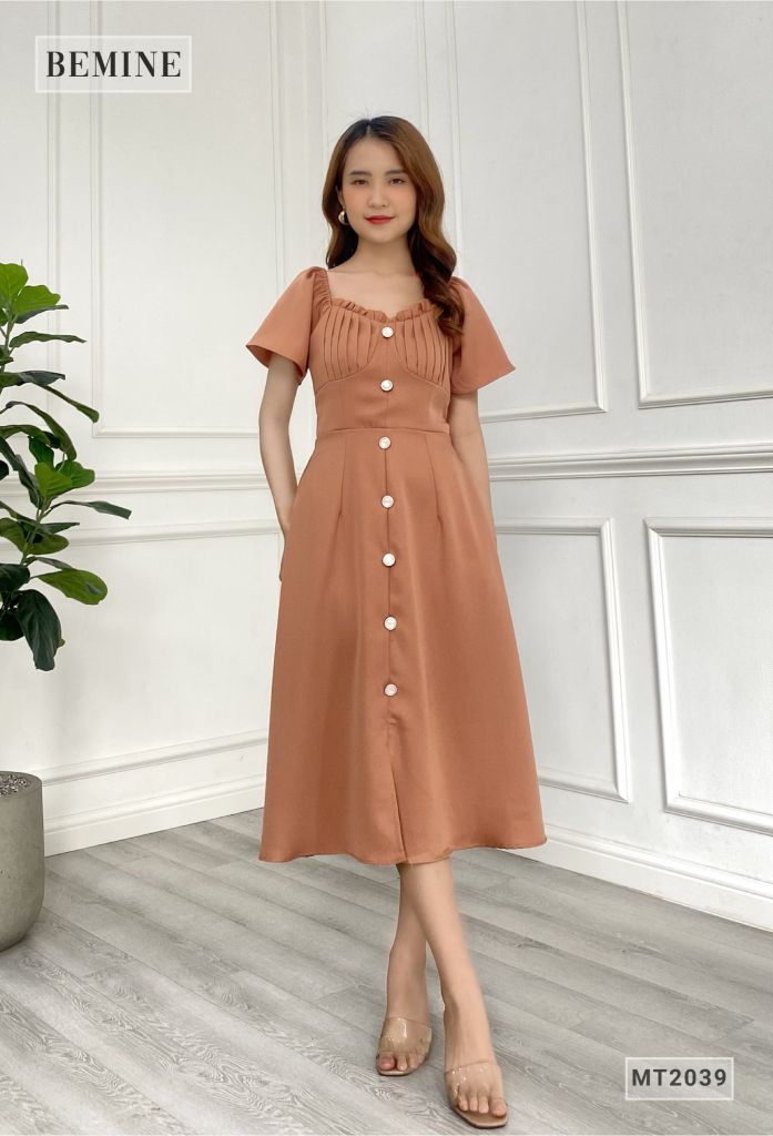 MT2039NAU - Đầm cổ nhún ngực bèo phom dài