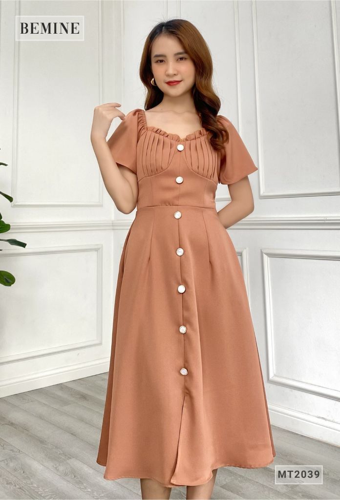 MT2039NAU - Đầm cổ nhún ngực bèo phom dài