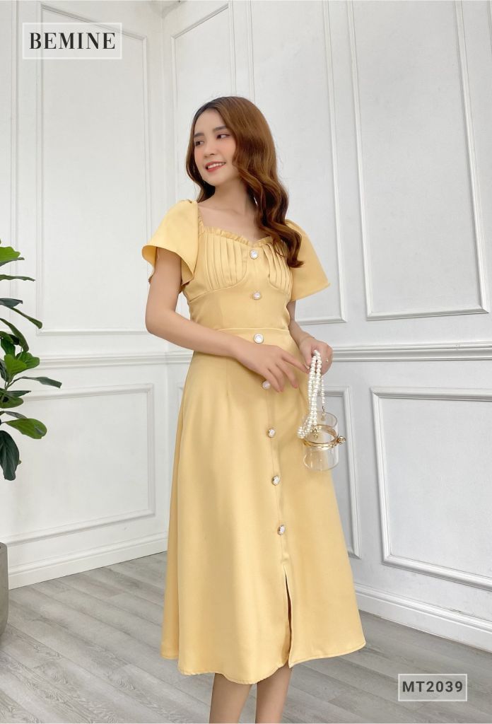 MT2039VANG - Đầm cổ nhún ngực bèo phom dài
