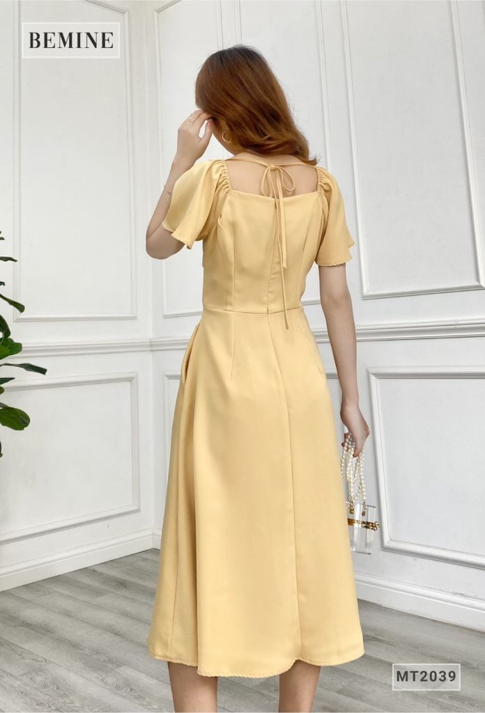 MT2039VANG - Đầm cổ nhún ngực bèo phom dài