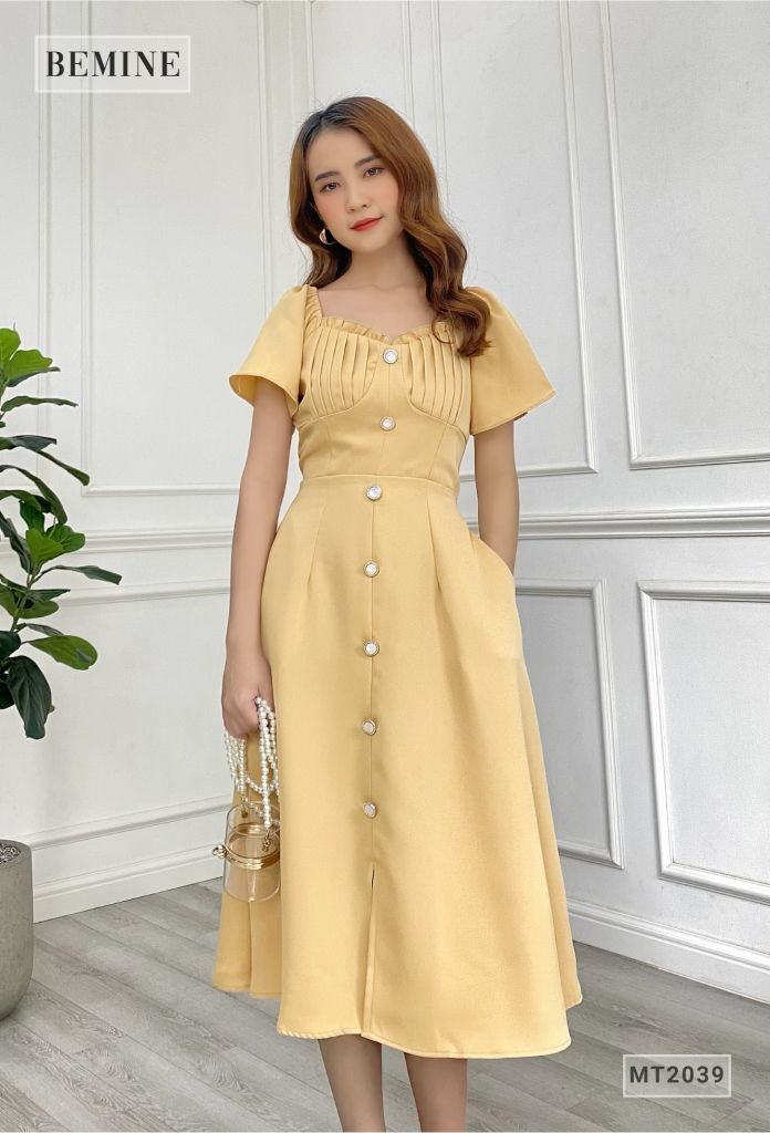 MT2039VANG - Đầm cổ nhún ngực bèo phom dài