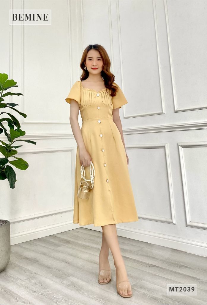 MT2039VANG - Đầm cổ nhún ngực bèo phom dài