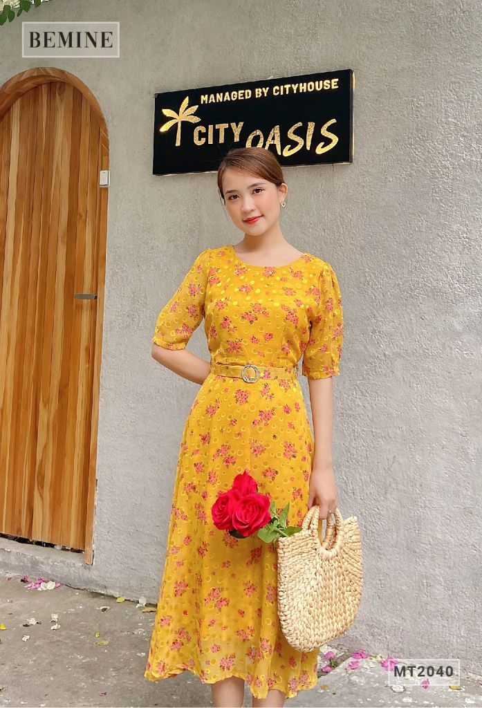MT2040VANG - Đầm tay phồng khoen eo