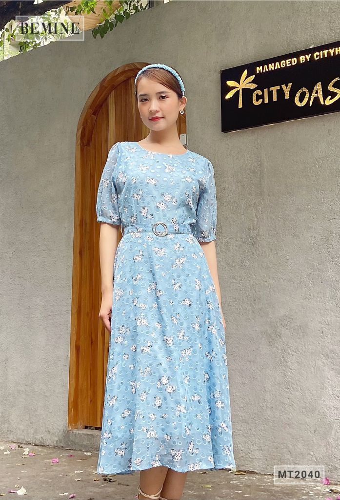 MT2040XANH - Đầm tay phồng khoen eo