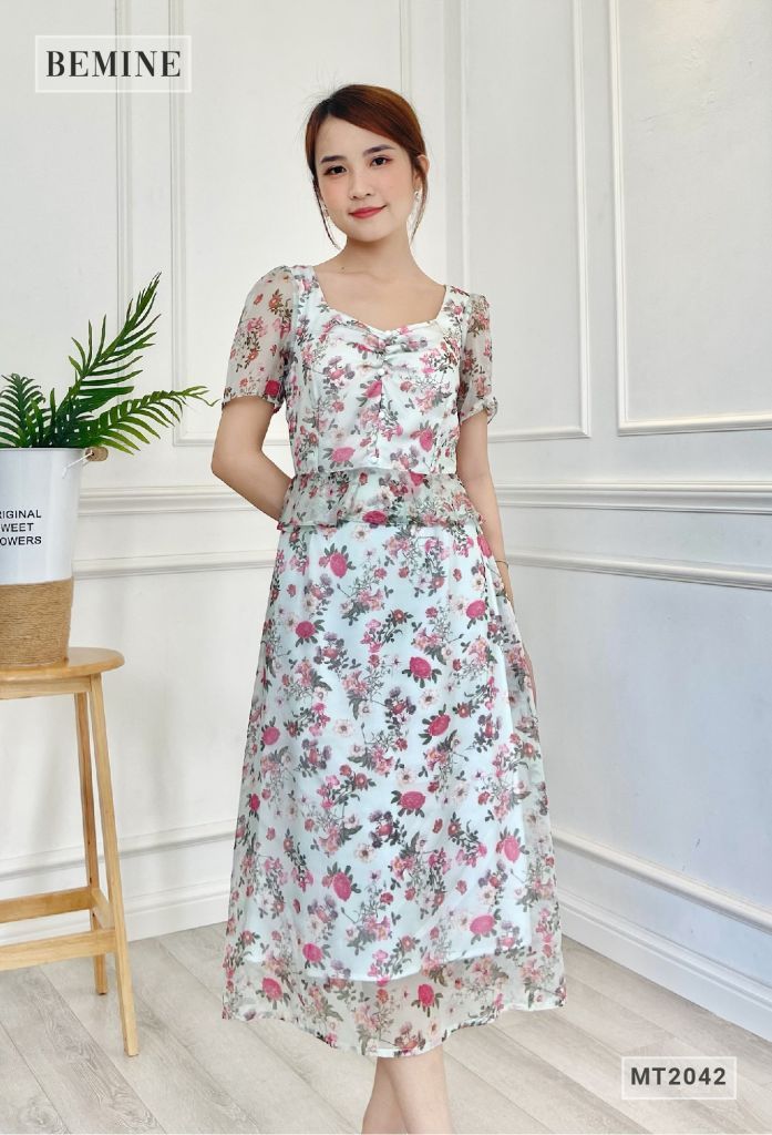 MT2042XANH - Đầm nhún ngực eo peplum