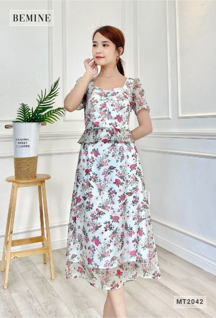 MT2042XANH - Đầm nhún ngực eo peplum