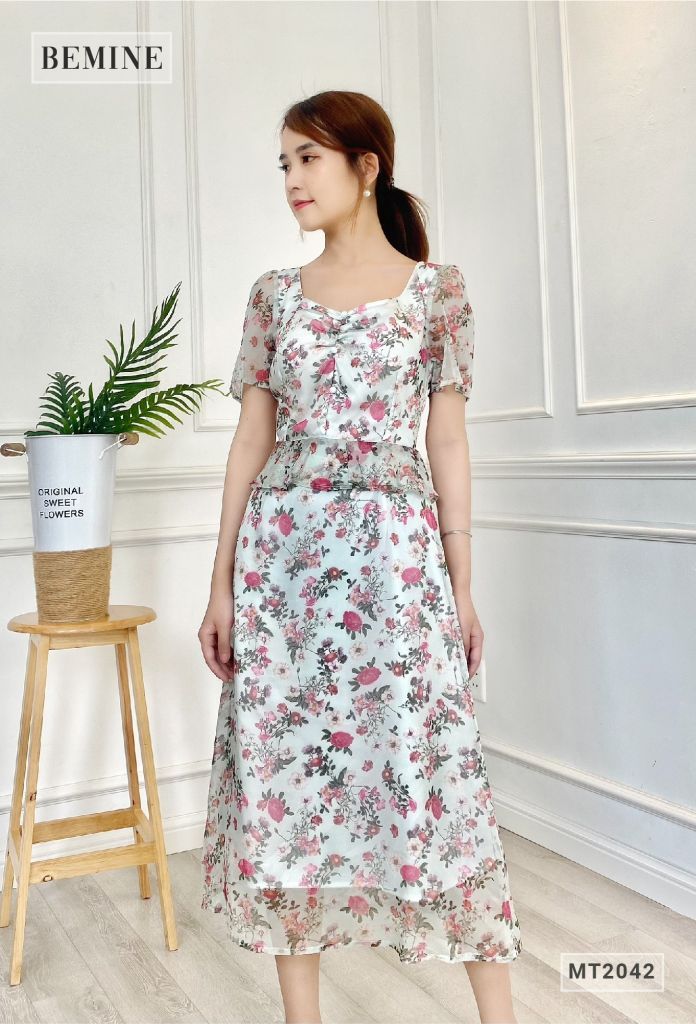 MT2042XANH - Đầm nhún ngực eo peplum