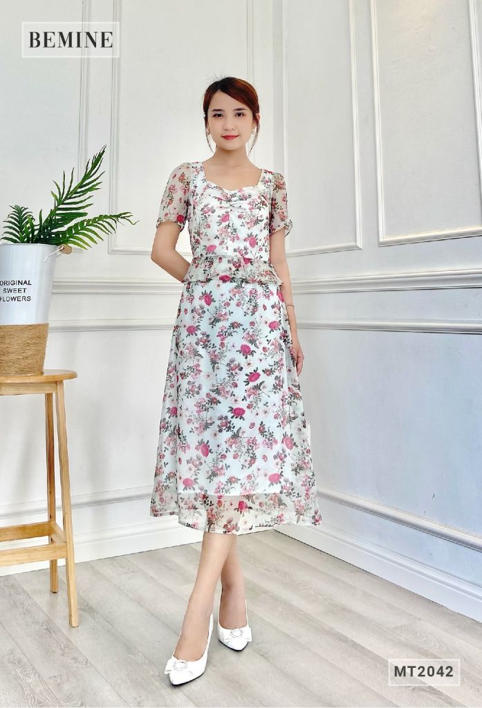 MT2042XANH - Đầm nhún ngực eo peplum