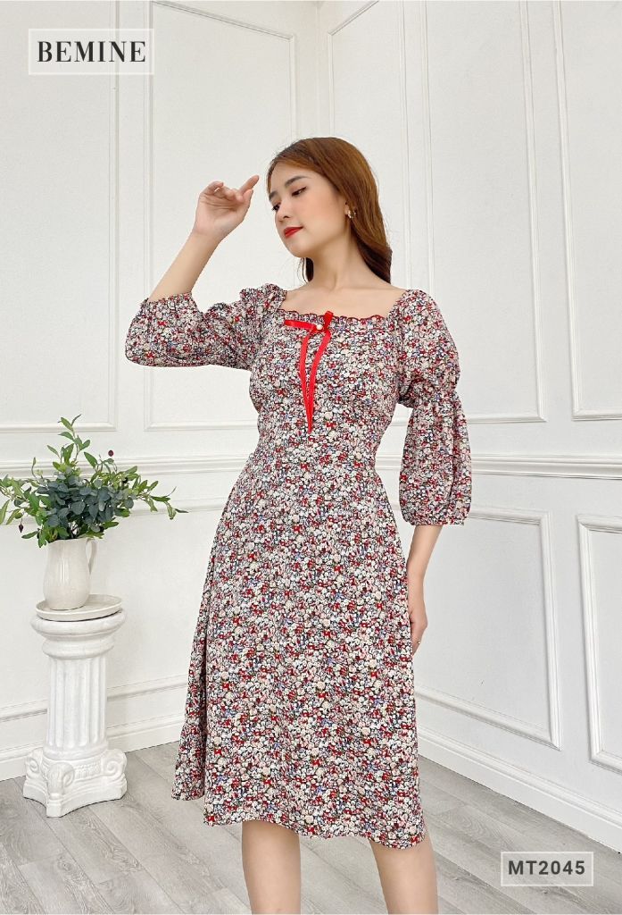 MT2045DO - Đầm cổ vuông bèo ngực có nơ