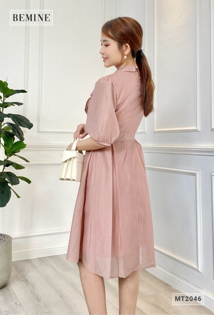 MT2046HONG - Đầm xòe xếp ly nơ cổ