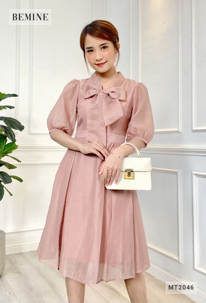 MT2046HONG - Đầm xòe xếp ly nơ cổ