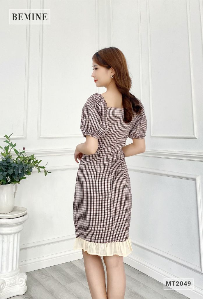 MT2049NAU - Đầm caro cổ vuông đuôi cá