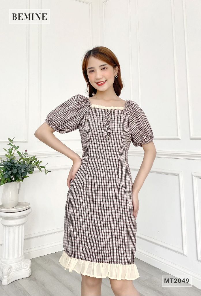 MT2049NAU - Đầm caro cổ vuông đuôi cá