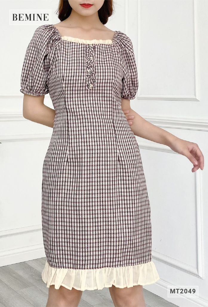 MT2049NAU - Đầm caro cổ vuông đuôi cá