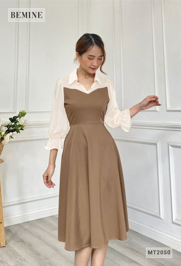 MT2050NAU - Đầm sơ mi phối cổ tay lửng