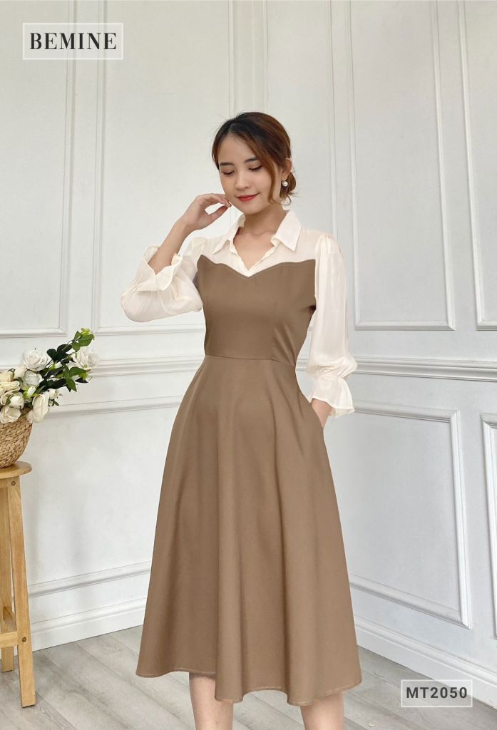MT2050NAU - Đầm sơ mi phối cổ tay lửng