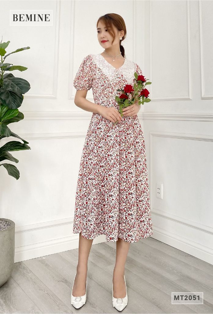 MT2051DO - Đầm hoa suông tay bồng cổ ren