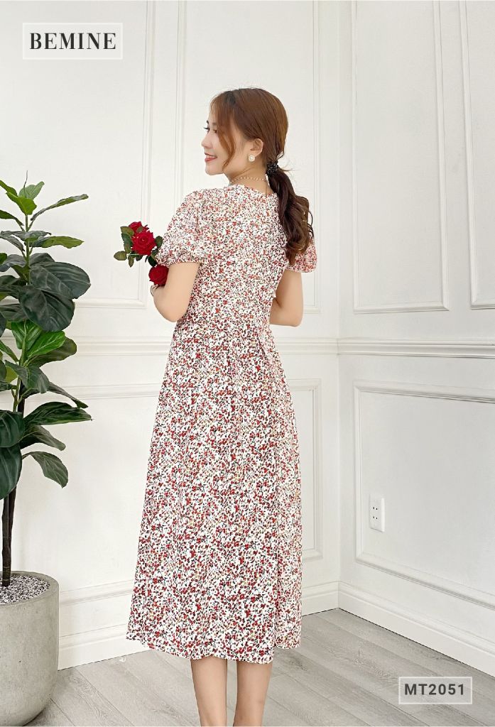 MT2051DO - Đầm hoa suông tay bồng cổ ren
