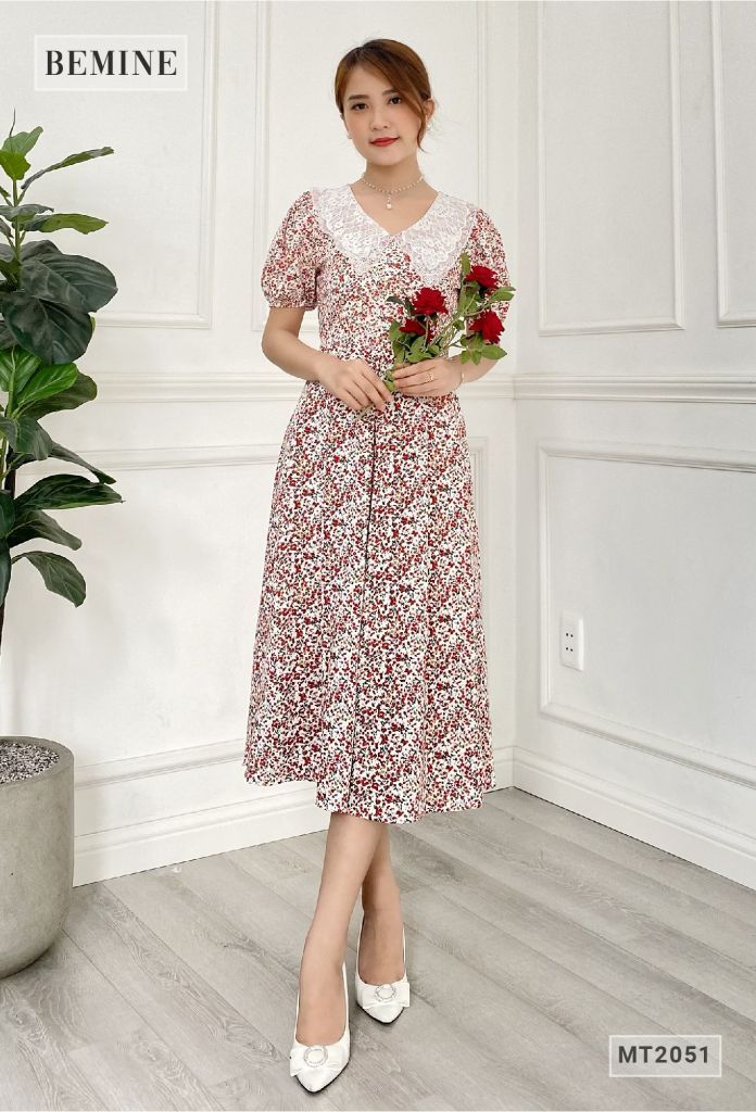 MT2051DO - Đầm hoa suông tay bồng cổ ren