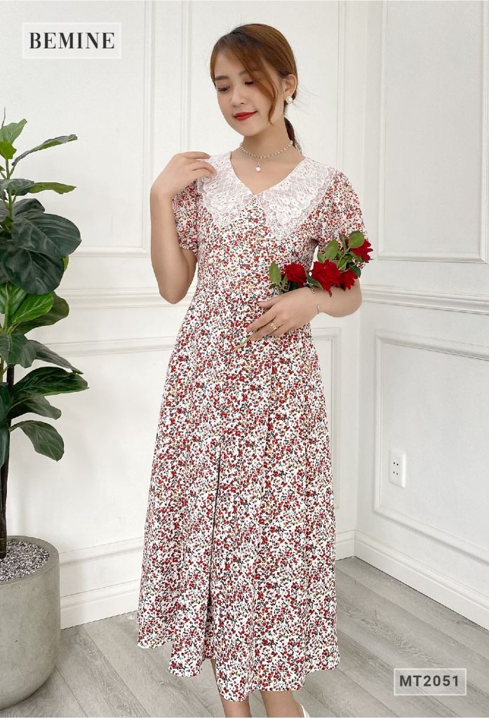 MT2051DO - Đầm hoa suông tay bồng cổ ren