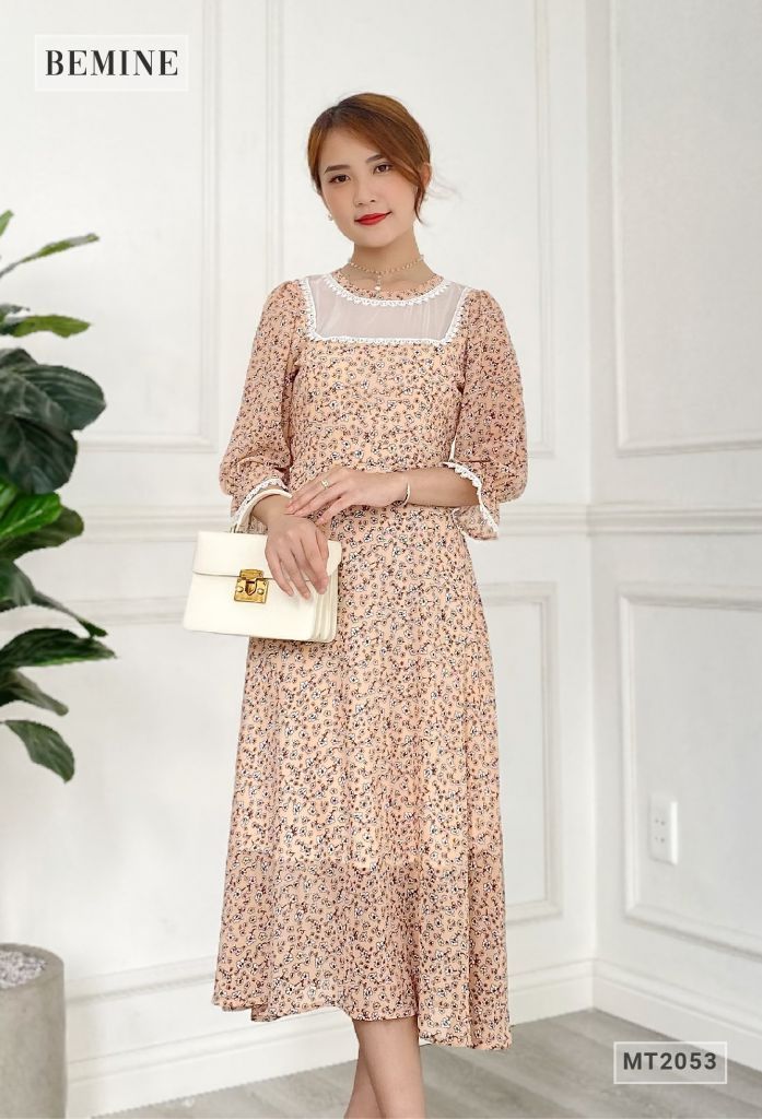 MT2053CAM - Đầm hoa tay dài ren cổ