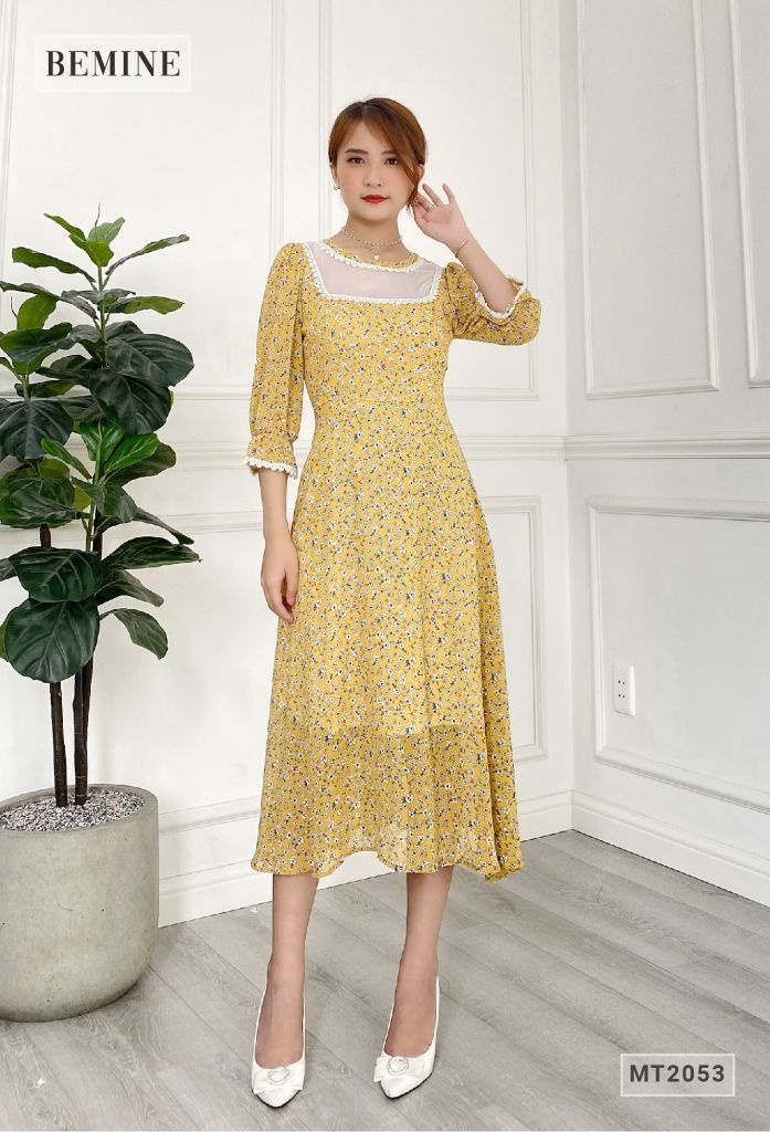 MT2053VANG - Đầm hoa tay dài ren cổ