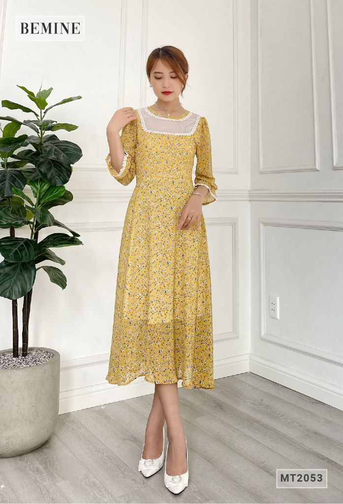 MT2053VANG - Đầm hoa tay dài ren cổ