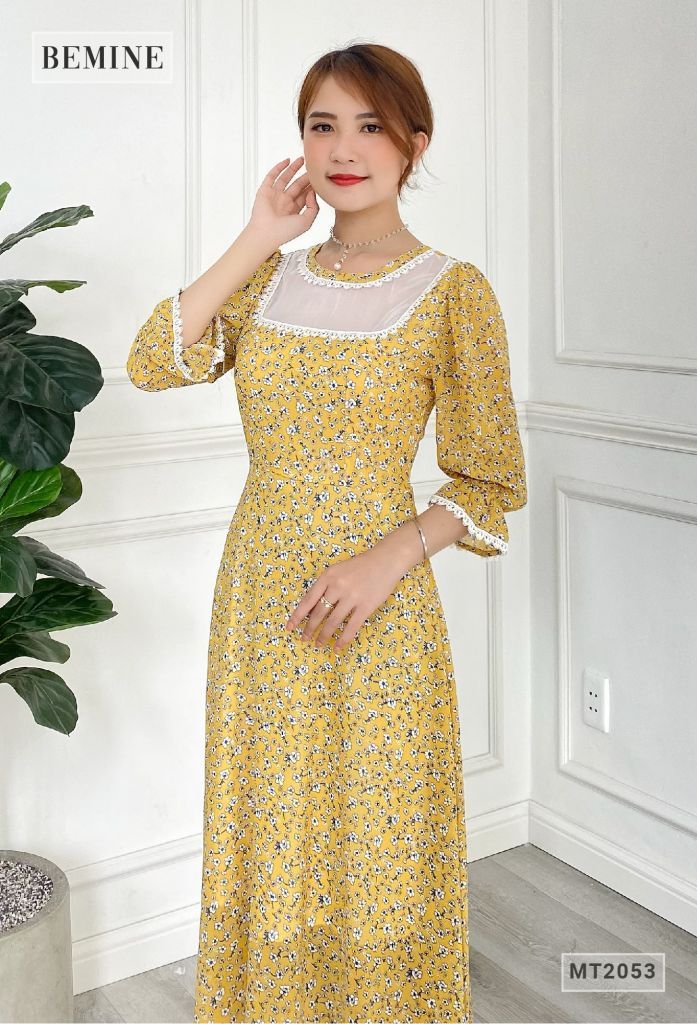 MT2053VANG - Đầm hoa tay dài ren cổ