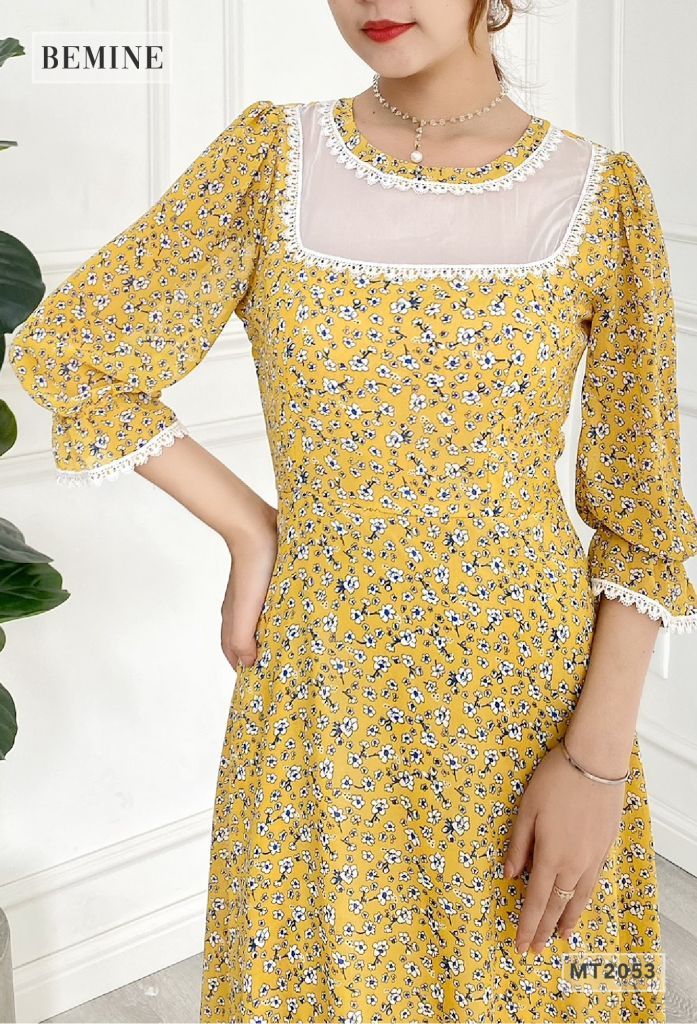 MT2053VANG - Đầm hoa tay dài ren cổ