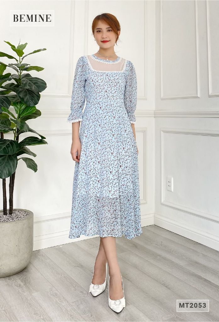 MT2053XANH - Đầm hoa tay dài ren cổ