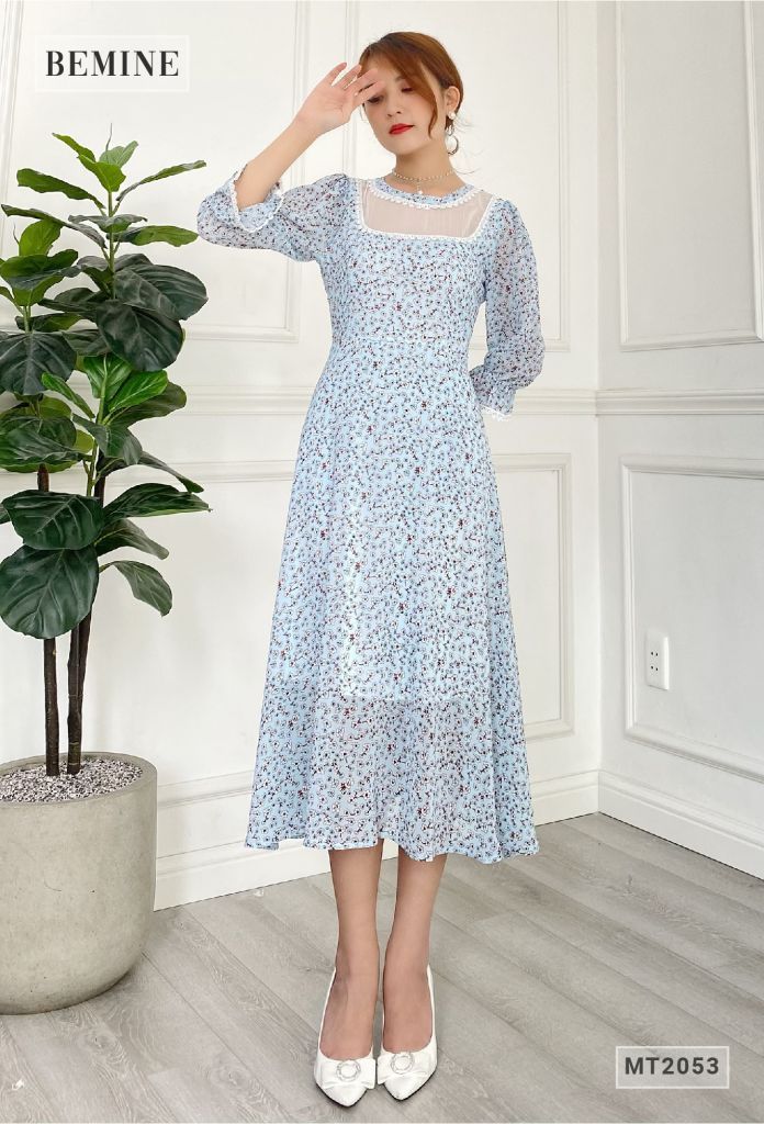 MT2053XANH - Đầm hoa tay dài ren cổ