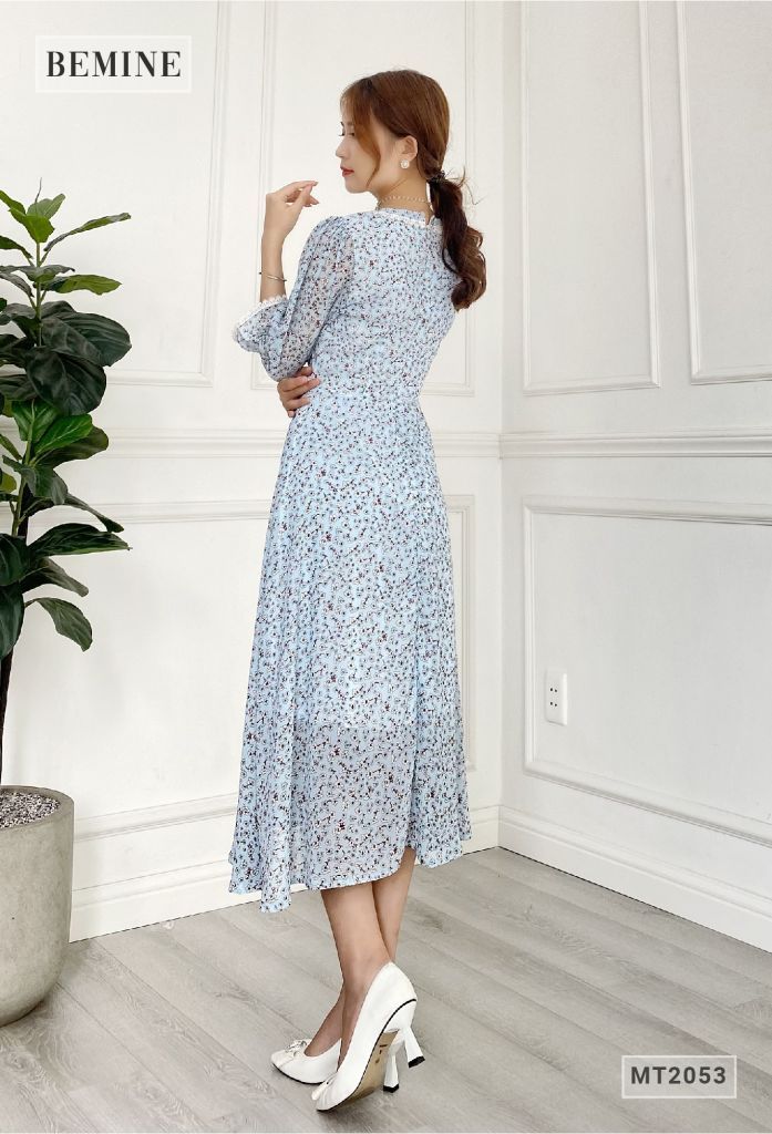 MT2053XANH - Đầm hoa tay dài ren cổ