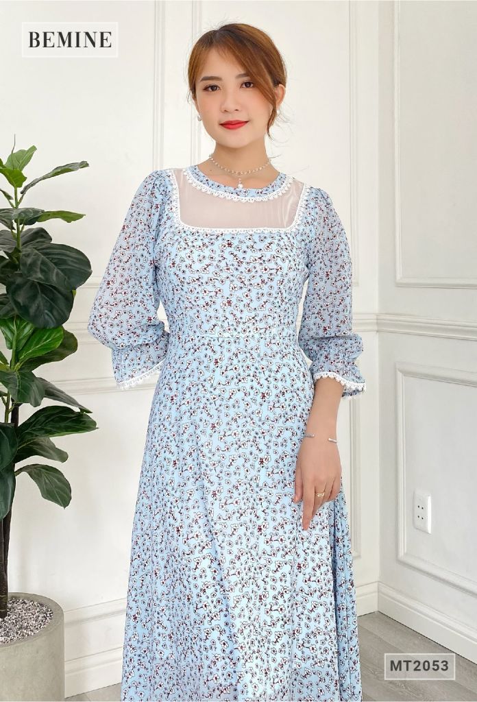 MT2053XANH - Đầm hoa tay dài ren cổ