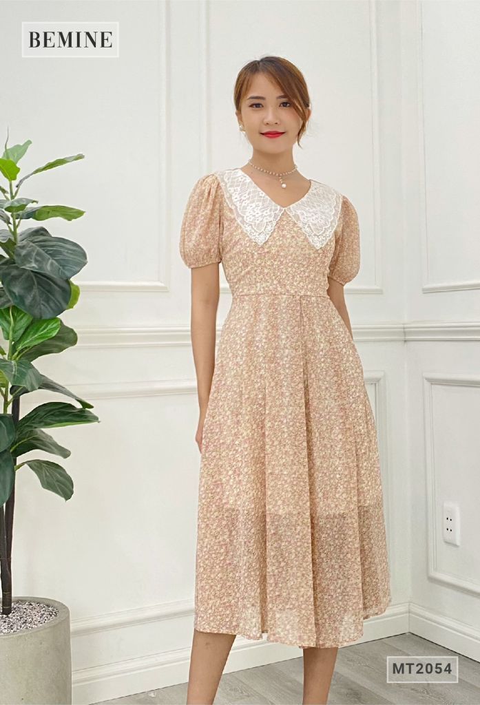 MT2054DA - Đầm hoa suông tay bồng cổ ren