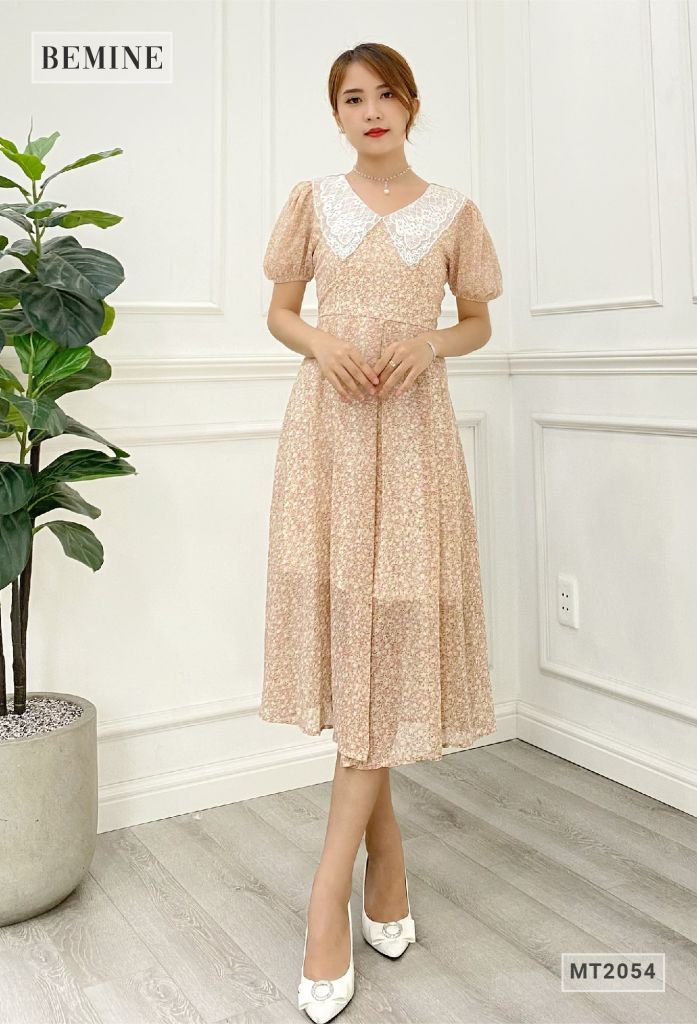 MT2054DA - Đầm hoa suông tay bồng cổ ren