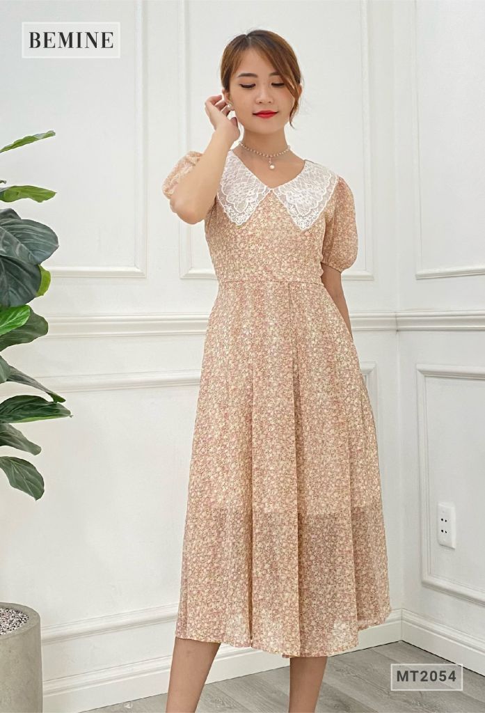 MT2054DA - Đầm hoa suông tay bồng cổ ren