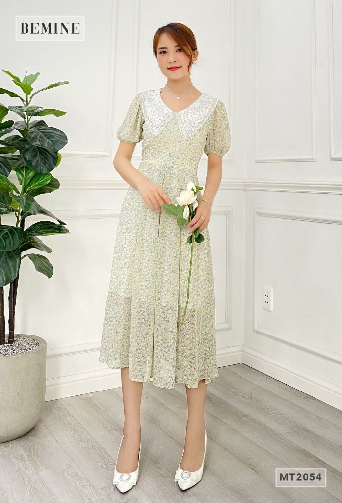 MT2054XANH - Đầm hoa suông tay bồng cổ ren