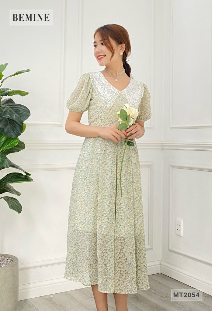 MT2054XANH - Đầm hoa suông tay bồng cổ ren