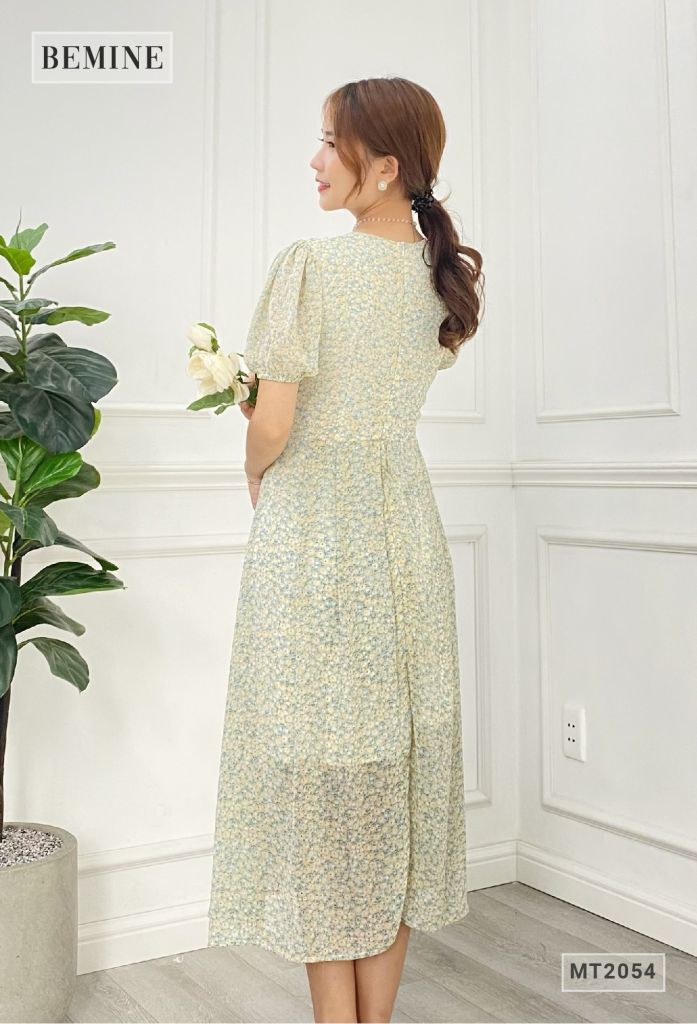 MT2054XANH - Đầm hoa suông tay bồng cổ ren